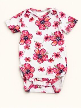 CocoMoon-Pink Floral Short-Sleeve Baby Bodysuit- Bamboo - 0-6 Months & 6-12 mos